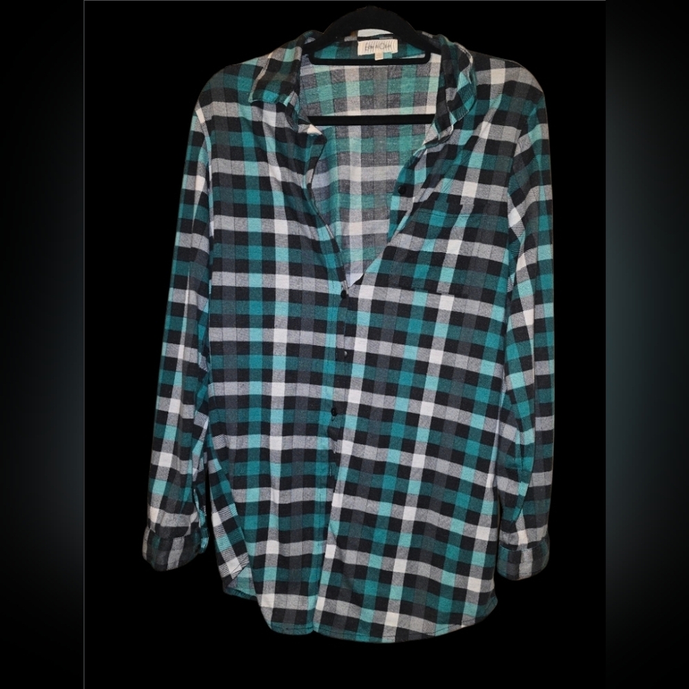 Eden & Olivia Teal and Black Plaid Shirt